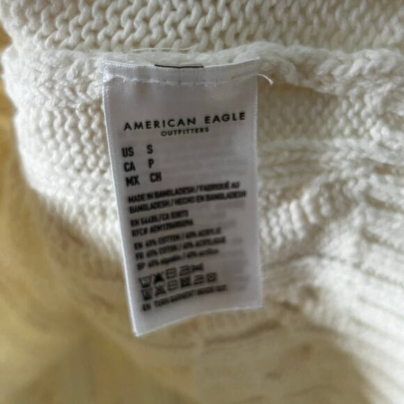 American Eagle Cable Knit V Neck Sweater Oversized Small Cream Blue Trim Preppy - Picture 4 of 5
